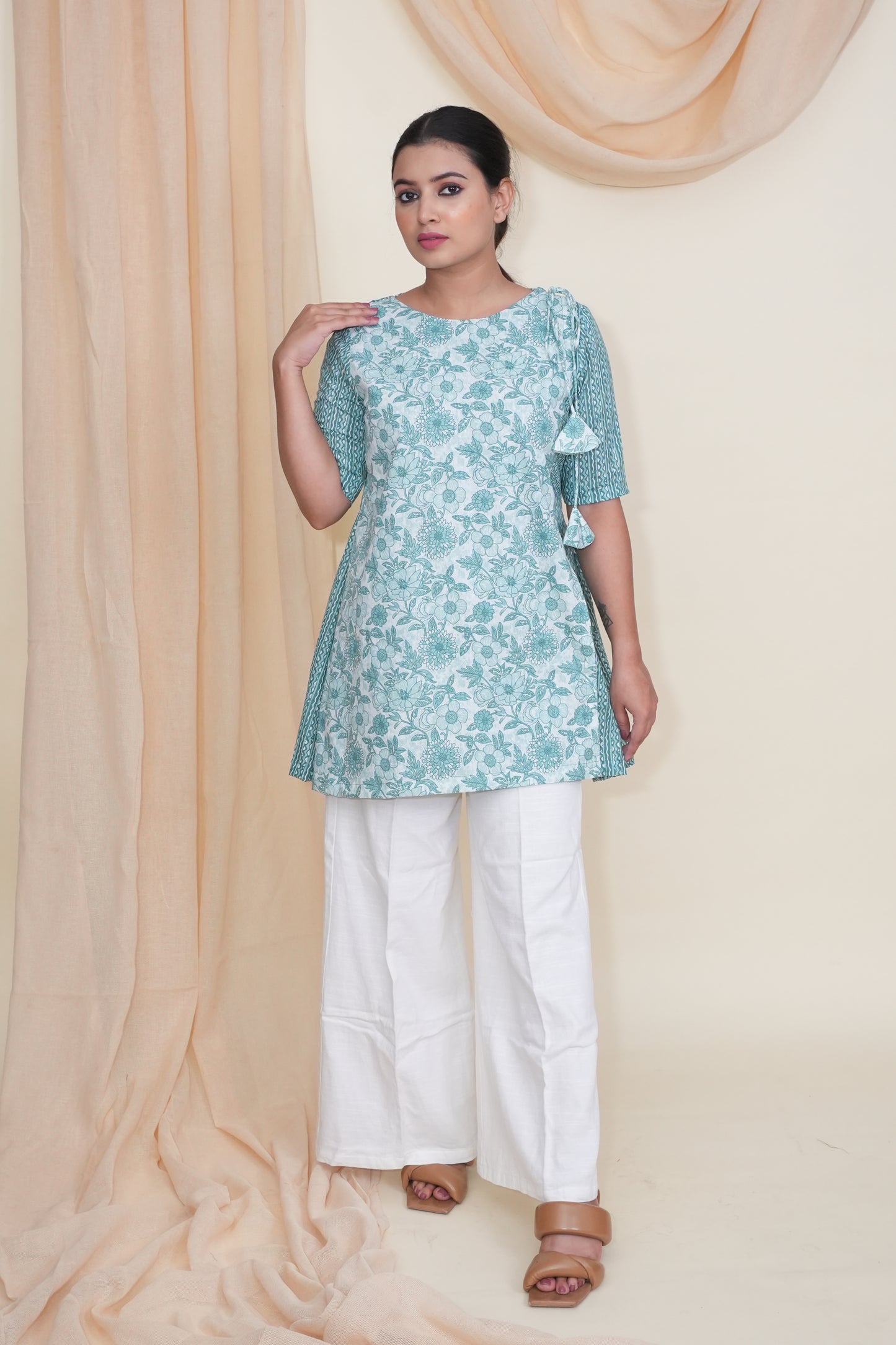 Teal Floral Asymmetrical Short Kurti