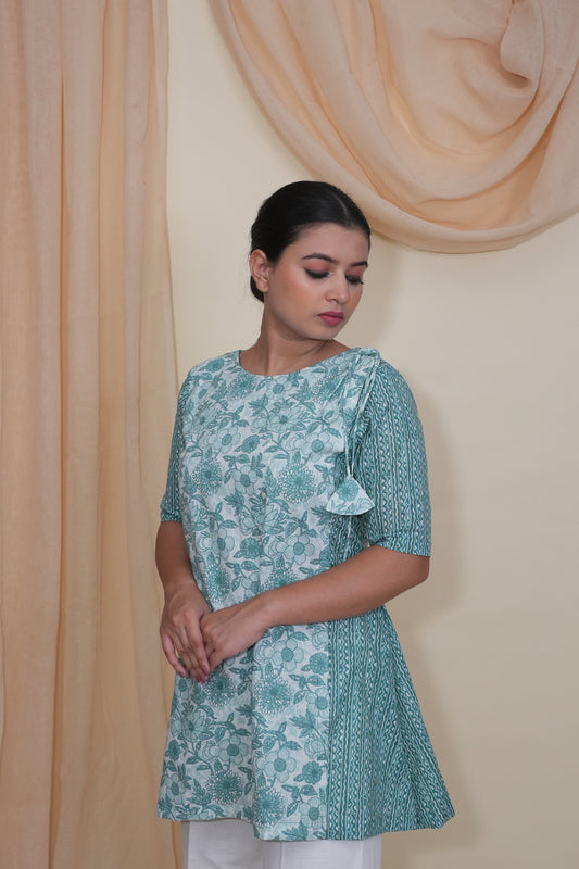 Teal Floral Asymmetrical Short Kurti